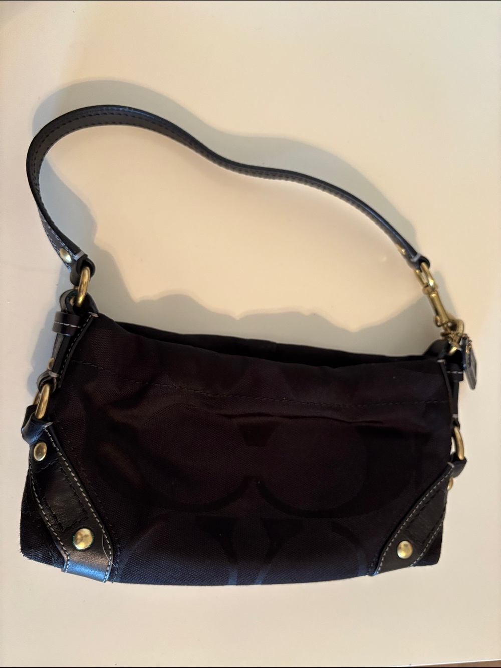 Coach Black Signature Canvas Shoulder Bag with Leather Trim